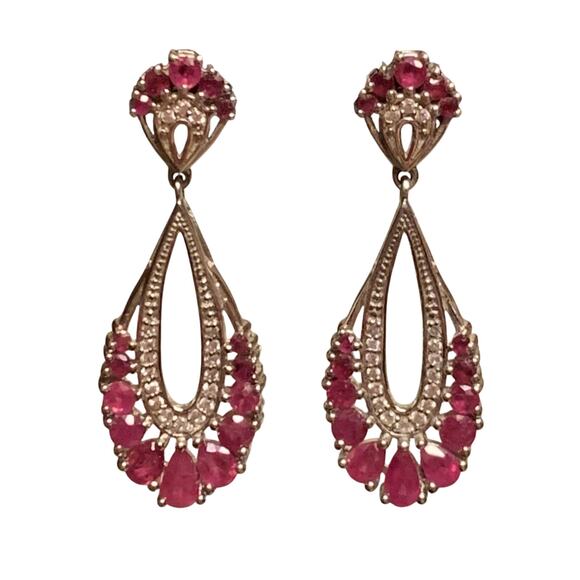 Sterling Silver, Natural Ruby and CZ Dangle/Drop Earrings Vintage - Picture 3 of 8